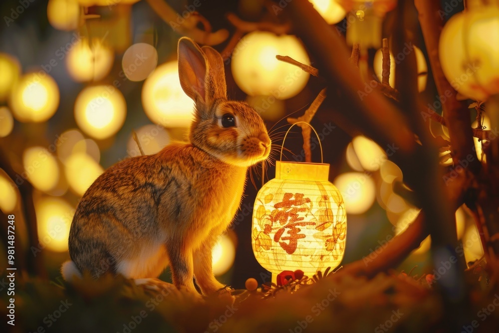 Poster a rabbit sits next to a lantern in a tree branch