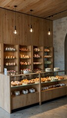 Minimalist pastry shop with light wood walls and pastel cakes in a glass display case.