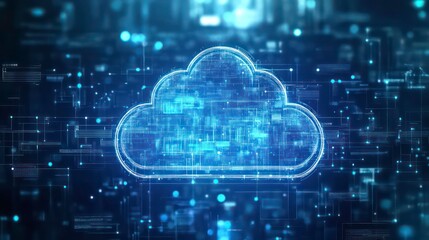 A digital cloud icon composed of glowing lines and data, abstract background.