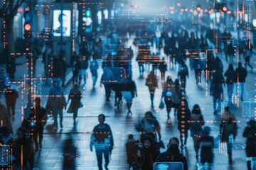Obraz premium A busy city street with people walking and wearing masks, generative ai image
