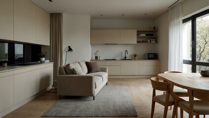Minimalist studio apartment with neutral tones and natural light from a large window.