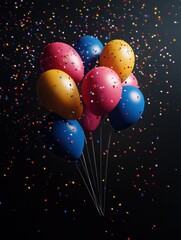 Balloons on a black background and confetti