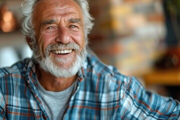 Portrait of an older man with a white beard wearing a plaid shirt, suitable for use in illustrations about wisdom, age or traditional culture