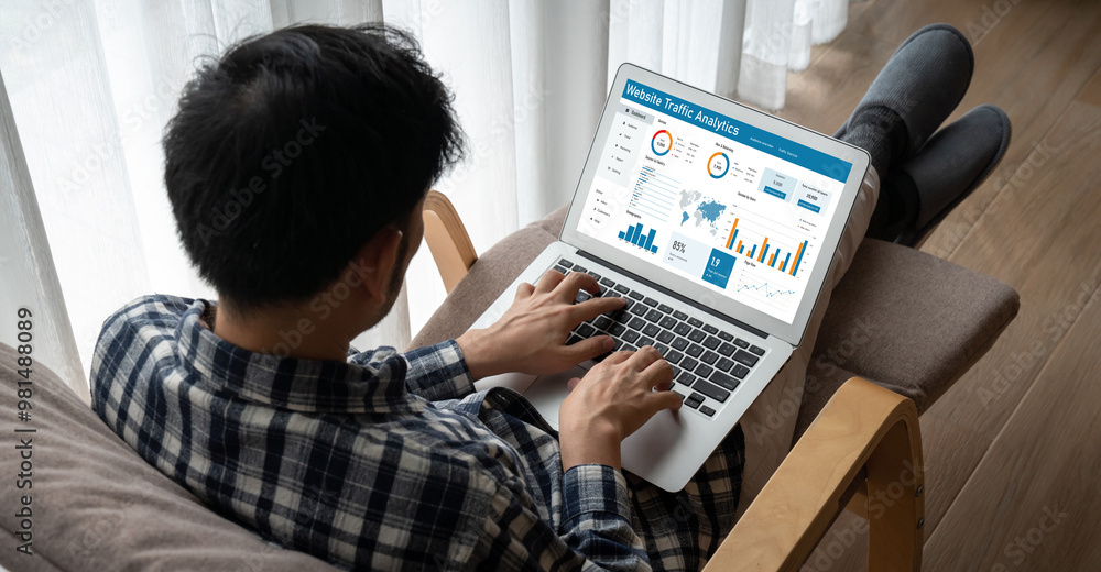Poster computer software for website traffic analytics data on computer screen. concept of seo search engin