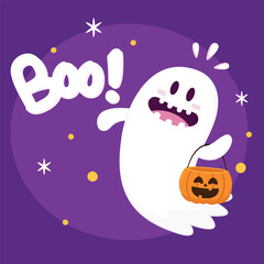 Cute ghost floating with Halloween pumpkin basket for Trick or Treat. Funny spooky boo character. Spook phantom with happy smiling face expression. Isolated kids flat vector illustration.