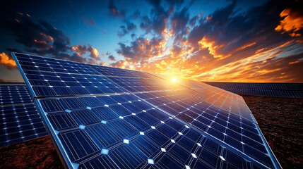 solar panels in sunset