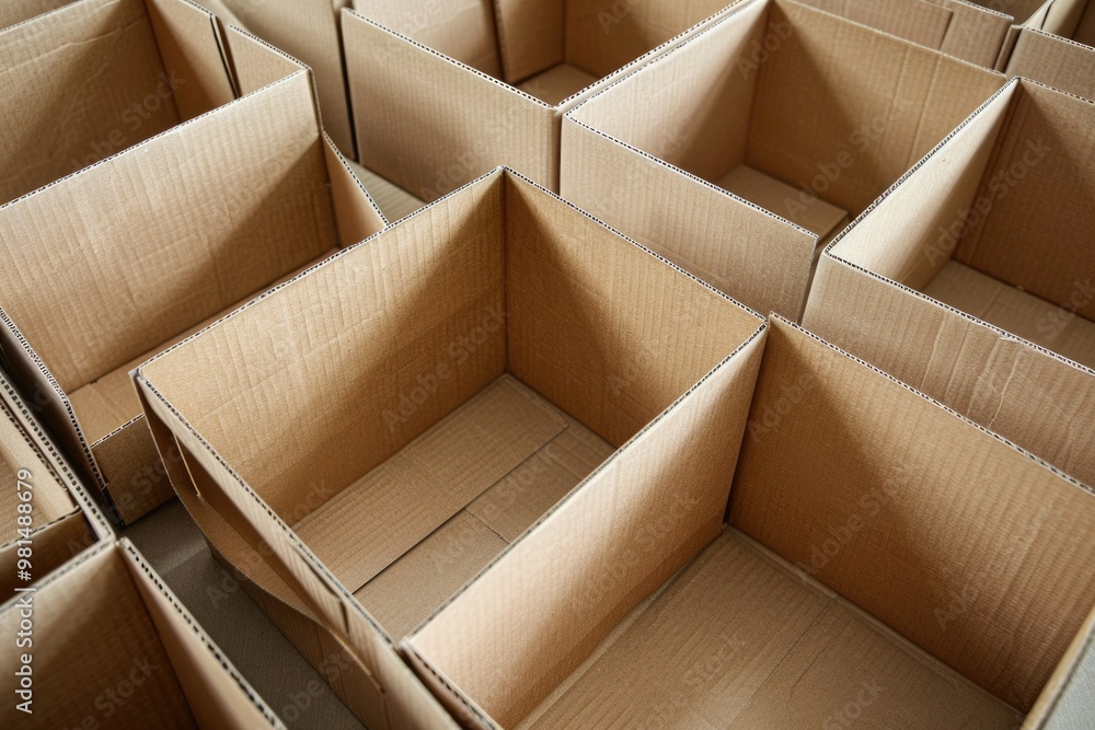 Poster pile of cardboard boxes, stacked and aligned in a neat row