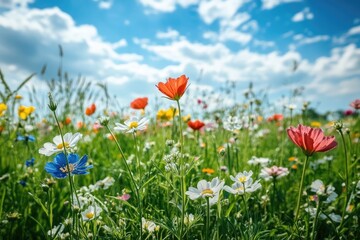Wildflowers blooming under blue sky in summer meadow