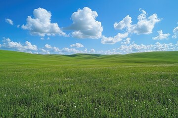 Obraz premium Blooming wildflowers covering a vast green field under a blue sky