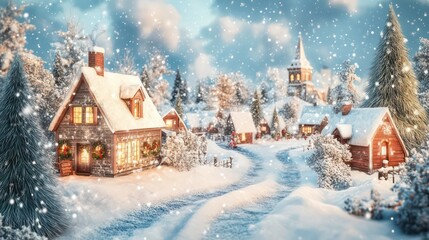 Cozy cabin in a snowy winter village with falling snow and warm lights.