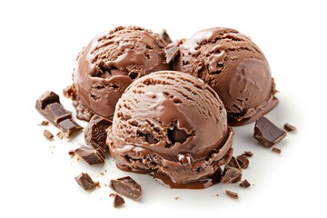 A scoop of creamy chocolate ice cream on a clean white surface