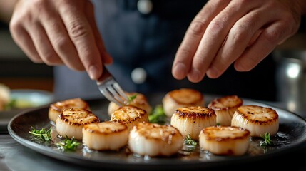 chef in a well-equipped kitchen arranging microgreens on a plated dish with precision, copy space