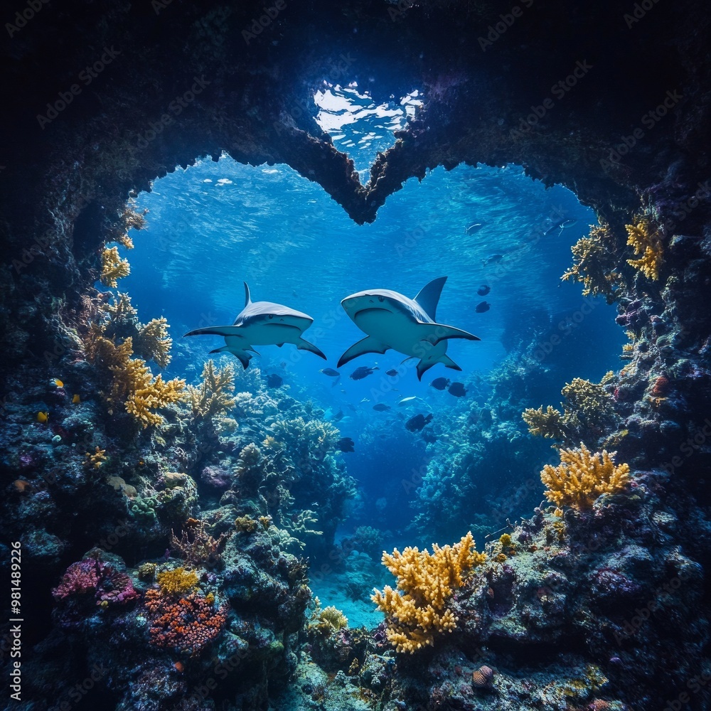 Poster Two sharks swim through a heart-shaped opening in a coral reef.