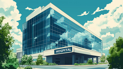 illustration, hospital building with text "HOSPITAL" on it. Exterior, view on big hospital building. Healthcare theme. Centre for medical consultation, assistance.