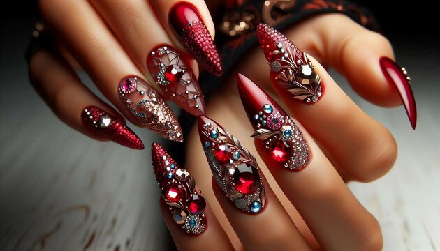 Elaborately decorated nails featuring a variety of gemstones and intricate designs.


