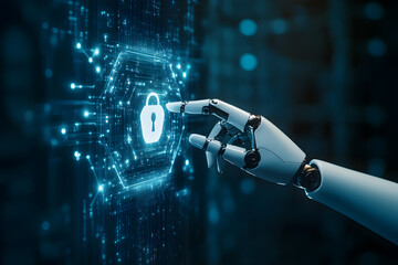  Robotic hand interacting with digital lock, AI cybersecurity, futuristic technology, data protection, secure network, cyber defense, artificial intelligence security, digital safety, secure system