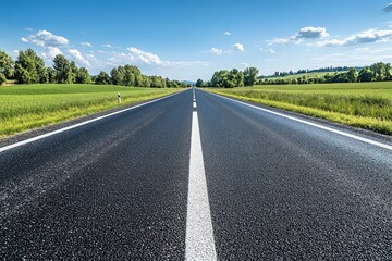Fototapeta premium A straight asphalt road leading to the horizon with white lane markings and a blue sky with white clouds above.