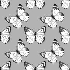 Seamless pattern of realistic butterfly. Hand drawn illustration. Animal motif. Black and white. Painted butterflies elements on grey background. For fabric, wrapping paper, textile, design, banner