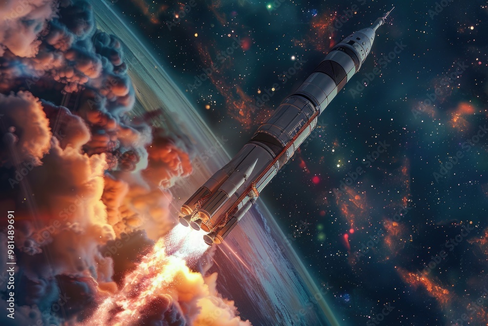 Poster a rocket soaring through the clouds on a sunny day, great for use in space-themed designs or as a ba