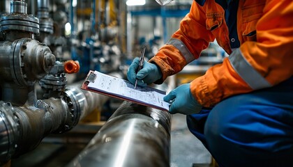 Industrial Worker Inspecting Piping and Recording Data