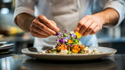 chef in a well-equipped kitchen arranging microgreens on a plated dish with precision, copy space
