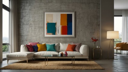 Modern interior room with a colorful white sofa and blank frame.