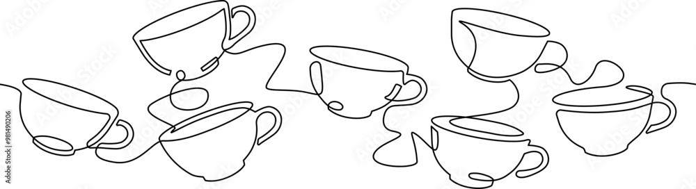 Wall mural Abstract Cups in continuous line drawing style isolated on white background. Minimalistic art of hot drink as element of graphic design. Vector illustration.