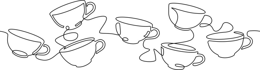 Abstract Cups in continuous line drawing style isolated on white background. Minimalistic art of hot drink as element of graphic design. Vector illustration.