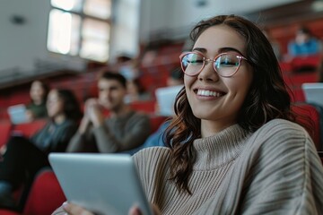 A woman sits in an auditorium, focusing on her tablet