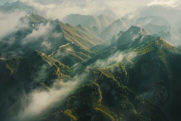 Aerial view of a mountain range surrounded by clouds, suitable for travel or outdoor adventure concepts