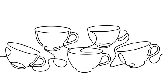Cups drawn in continuous line style.. Minimalistic art of hot drink as element of graphic design.  Vector pattern that repeat horizontally.