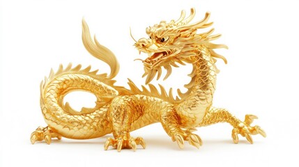 A golden dragon sculpture with intricate details, posed in a dynamic stance.