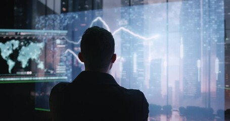 Businessman Anxiously Monitoring Market Decline in Virtual Reality Financial Data - Powered by Adobe