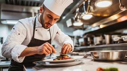 chef in a well-equipped kitchen arranging microgreens on a plated dish with precision, copy space