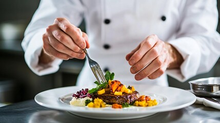 chef in a well-equipped kitchen arranging microgreens on a plated dish with precision, copy space