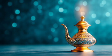 Elegant vintage genie lamp on a bokeh background, ideal for themes related to fantasy, magic, and Middle Eastern culture. Perfect for decorators, event planners, and themed parties.