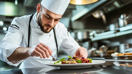 chef in a well-equipped kitchen arranging microgreens on a plated dish with precision, copy space