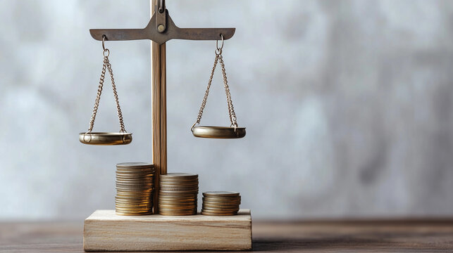 A close-up image showing a golden balance scale next to stacks of coins placed on a wooden table. The background features a natural, green, blurred bokeh effect, symbolizing concepts of justice, wealt