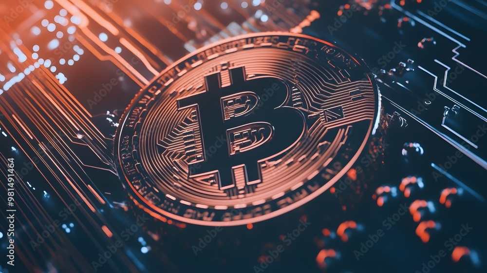 Aufkleber a close-up of a bitcoin coin resting on a circuit board.