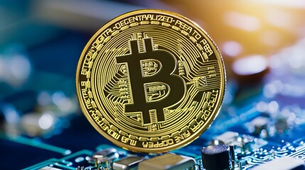 A gold Bitcoin coin rests on a circuit board, symbolizing the digital currency's ties to technology.