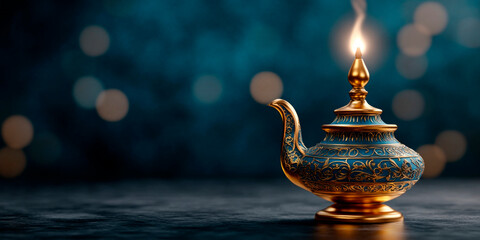 Elegant vintage genie lamp on a bokeh background, ideal for themes related to fantasy, magic, and Middle Eastern culture. Perfect for decorators, event planners, and themed parties.