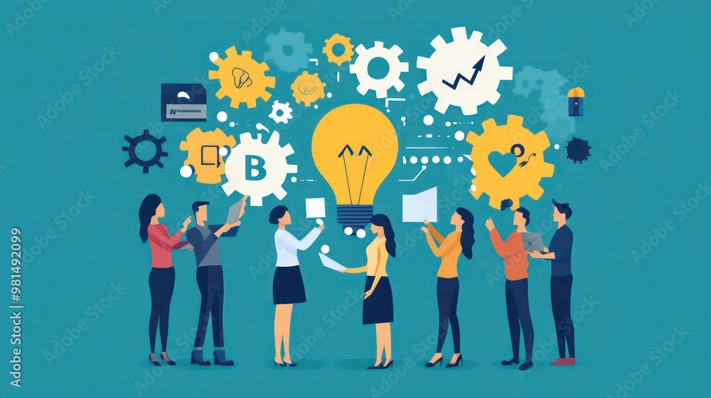 Poster group of people working together on a project, with a lightbulb representing an idea, surrounded by 