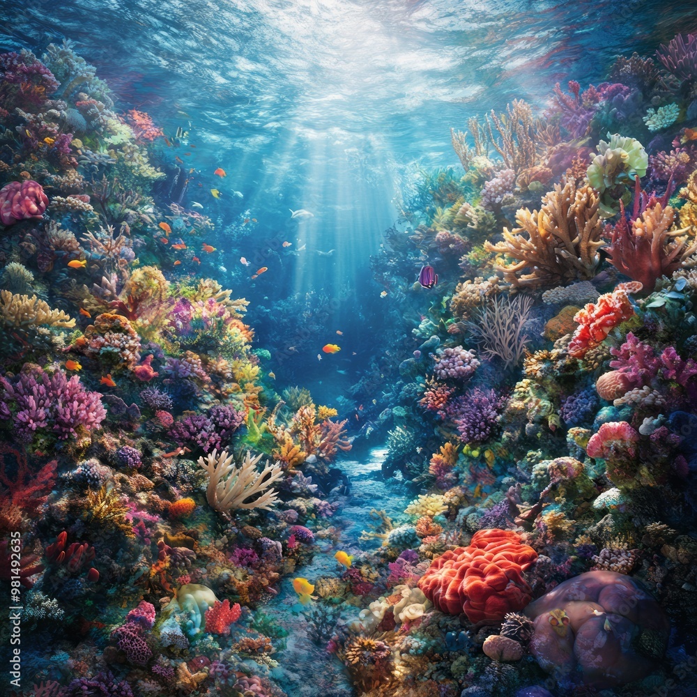 Poster Vibrant underwater coral reef with colorful fish and sunlight streaming through.