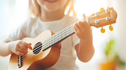 Child Playing Ukulele, Focused and Immersed in Music | Passionate Learning and Musical Expression