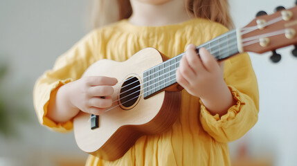 Fototapeta premium Child Playing Ukulele, Focused and Immersed in Music | Passionate Learning and Musical Expression