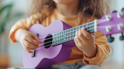 Fototapeta premium Child Playing Ukulele, Focused and Immersed in Music | Passionate Learning and Musical Expression
