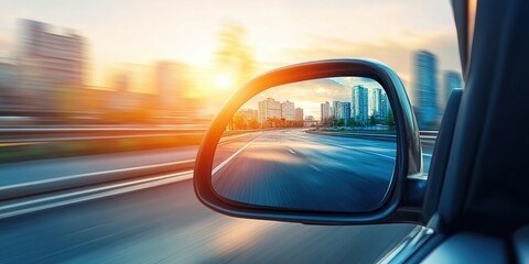 Naklejka premium City skyline reflected in a car side mirror during sunset on an empty road