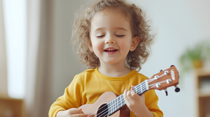 Child Playing Ukulele, Focused and Immersed in Music | Passionate Learning and Musical Expression