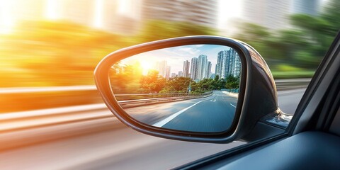 Side view mirror of car with reflection of city road 