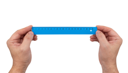 Hands holding plastic ruler to measure length on white background. Ruler isolate. Stationery